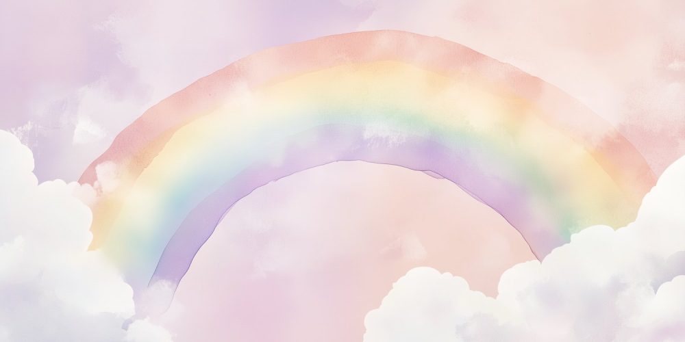 Vrolijke regenboog onder wolken behang