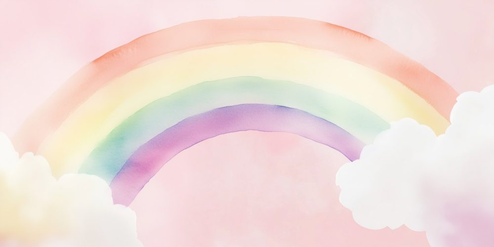 Vrolijke regenboog op roze hemel behang
