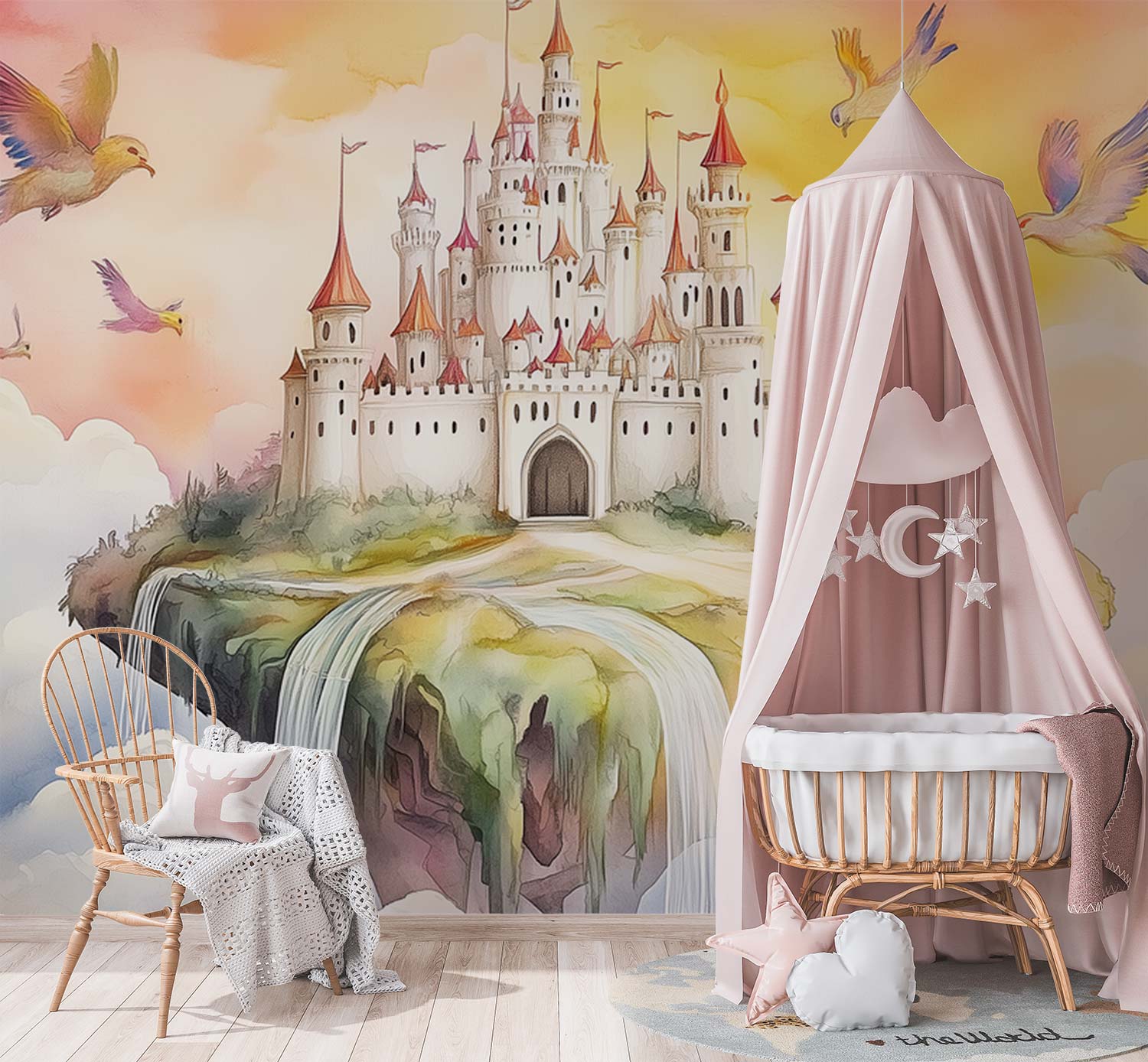 Drijvend Vogelfantasiekasteel behang - Afbeelding 2