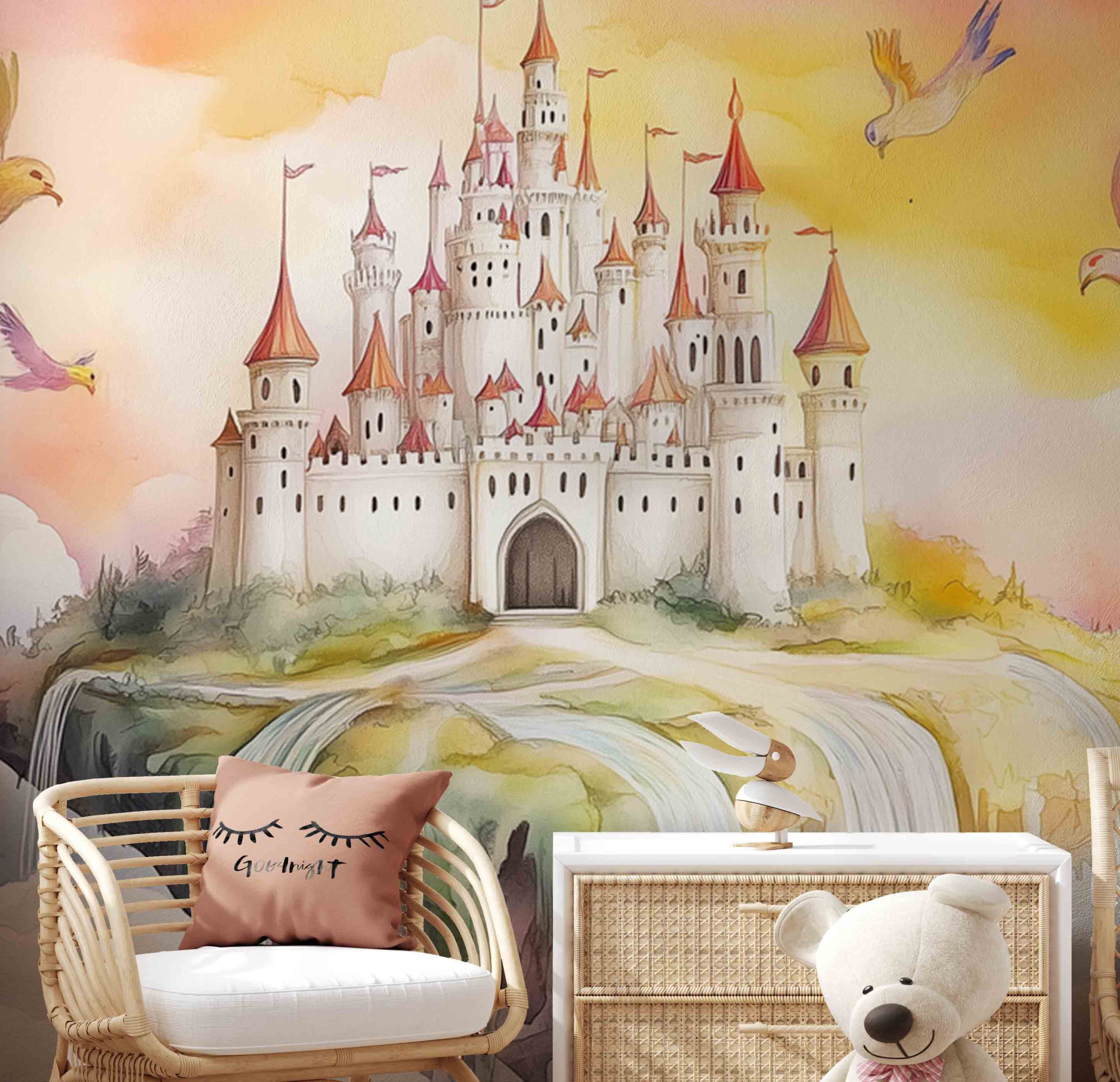 Drijvend Vogelfantasiekasteel behang - Afbeelding 3