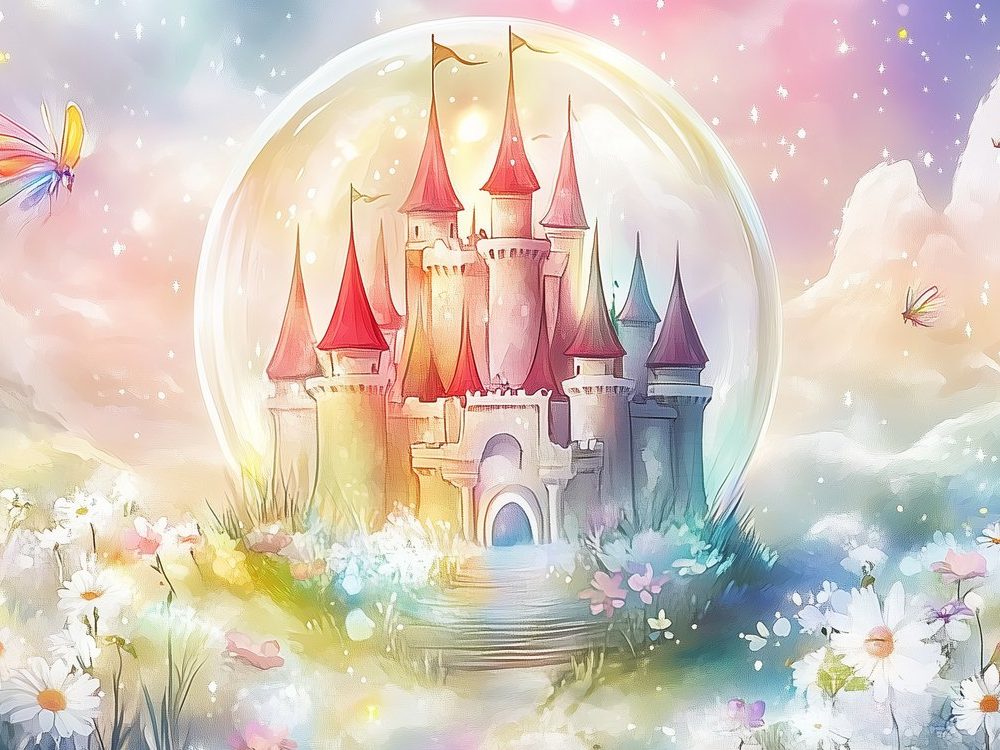 Magisch kasteel bloemenveld behang