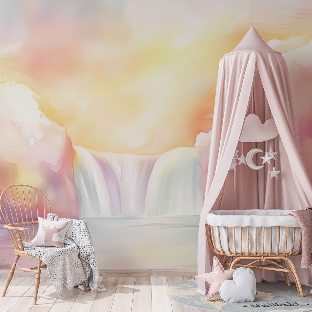 Alternative view of Vredige Waterval Waterverfschilderij behang