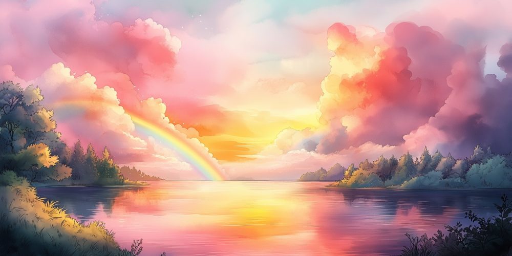 Kleurrijk meer met regenboog behang