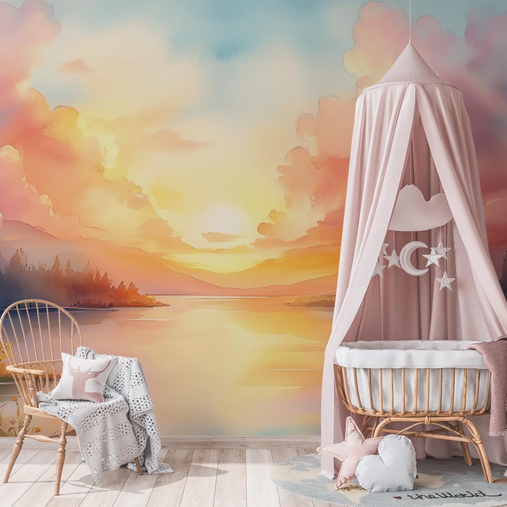 Alternative view of Rustig Bergmeer Landschap behang