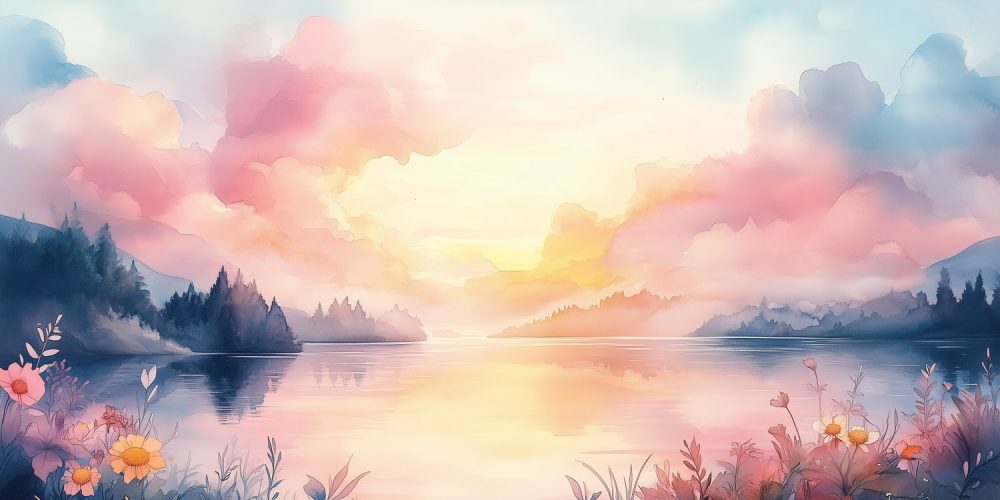 Rustig bergmeer bij zonsondergang behang