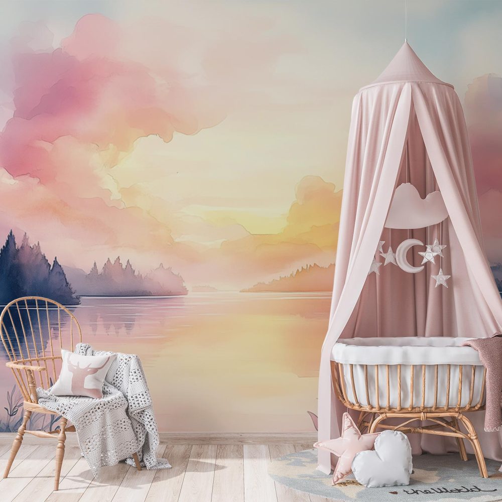 Alternative view of Rustig bergmeer bij zonsondergang behang