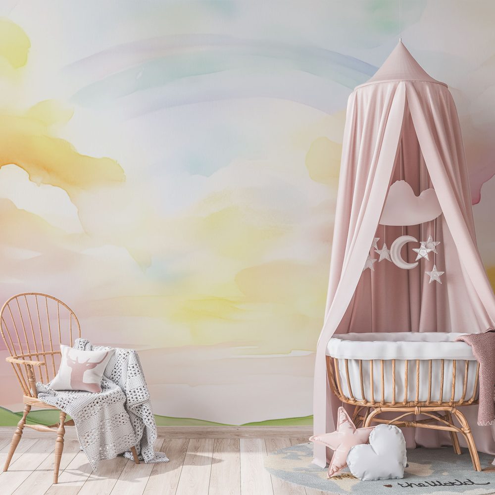 Alternative view of Zachte watercolor landschapsschilderij behang