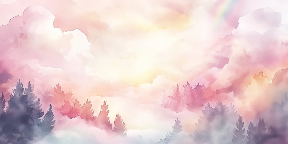 Dromerig bos met pastellucht behang