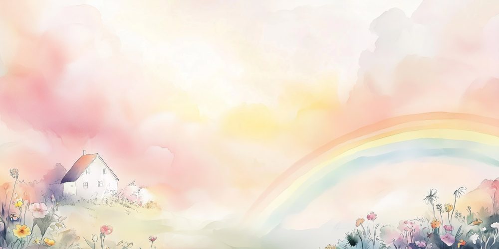 Pastel regenbooghuis op heuvel behang