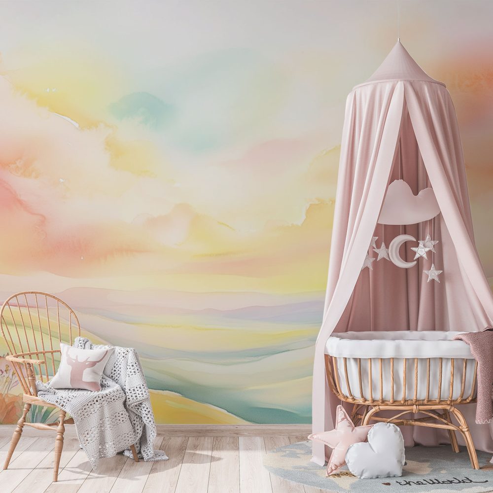 Alternative view of Dromerig Pastellandschap behang