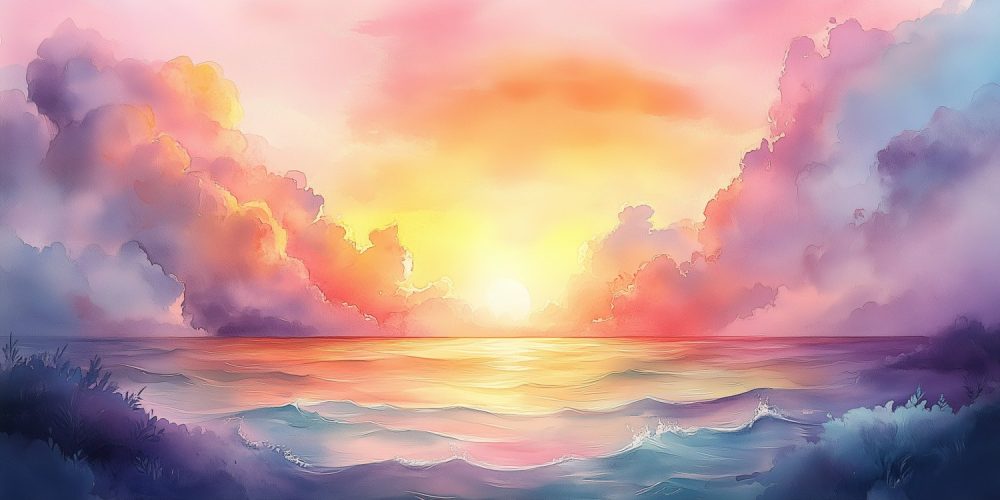 Oceaan Zonsondergang Waterverf behang