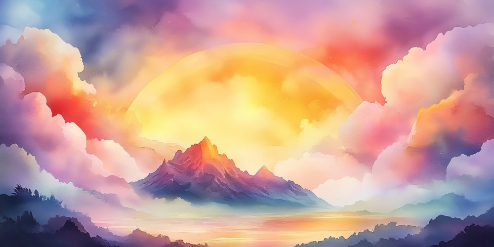 Zonnig berglandschap waterverfschilderij behang