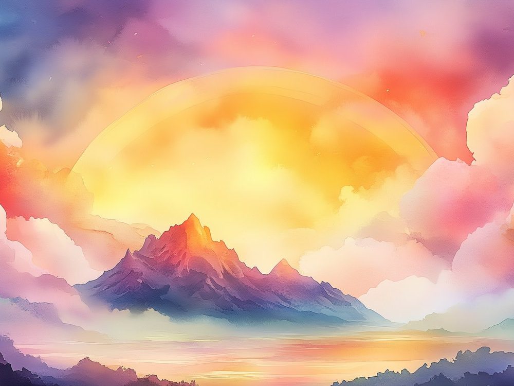 Zonnig berglandschap waterverfschilderij behang