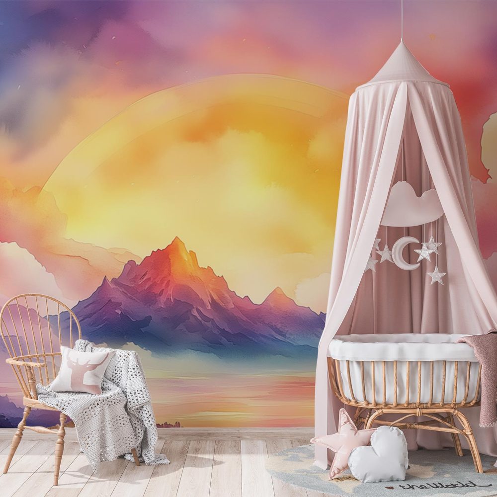 Alternative view of Zonnig berglandschap waterverfschilderij behang