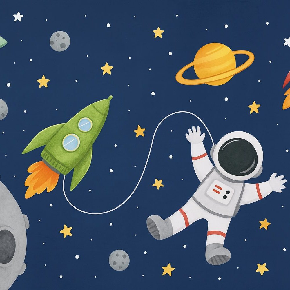 Astronaut met groene raket behang