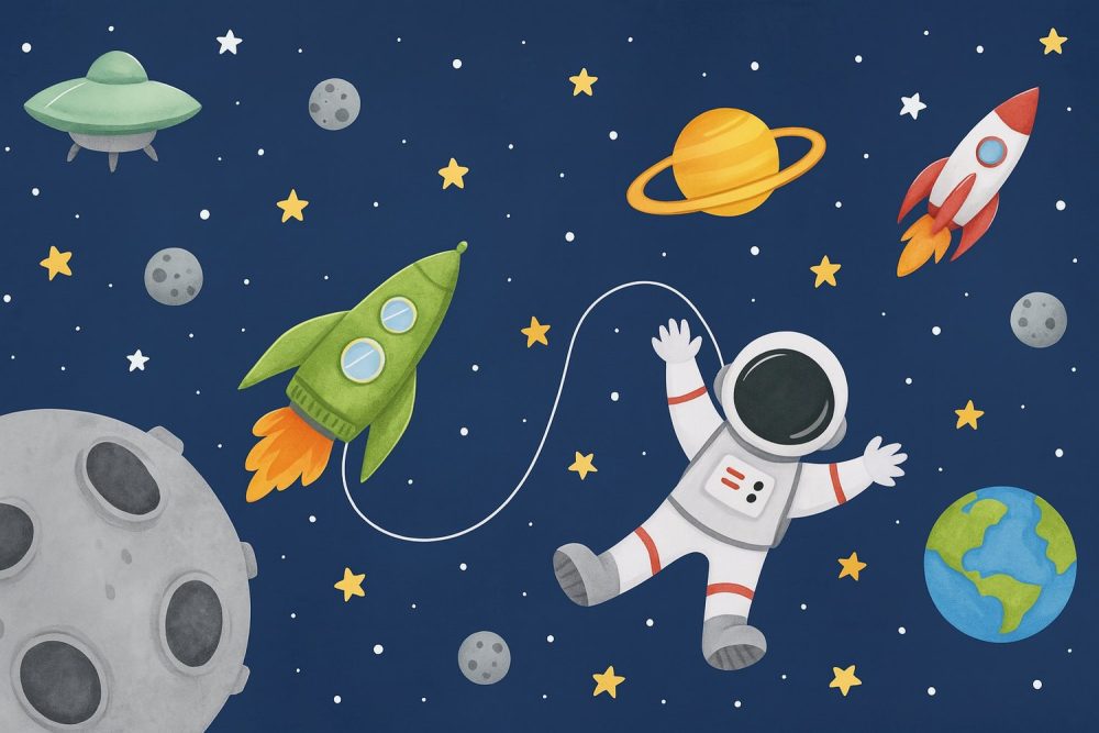 Astronaut met groene raket behang