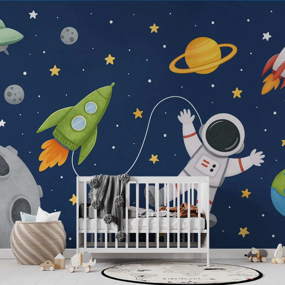 Alternative view of Astronaut met groene raket behang