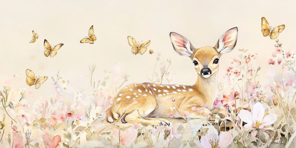 Betoverend hert in bloemenweide behang