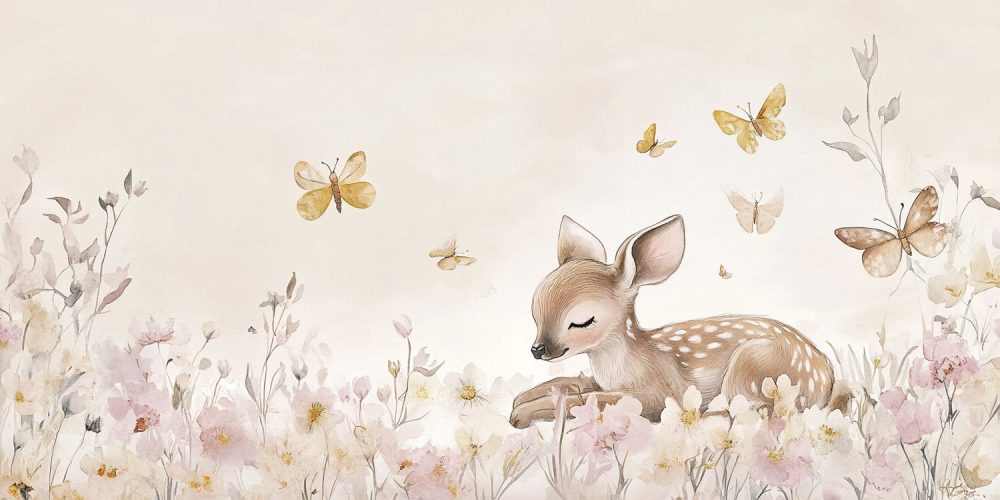 Rustige hert in bloemenveld behang