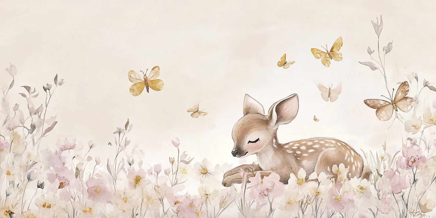 Rustige hert in bloemenveld behang