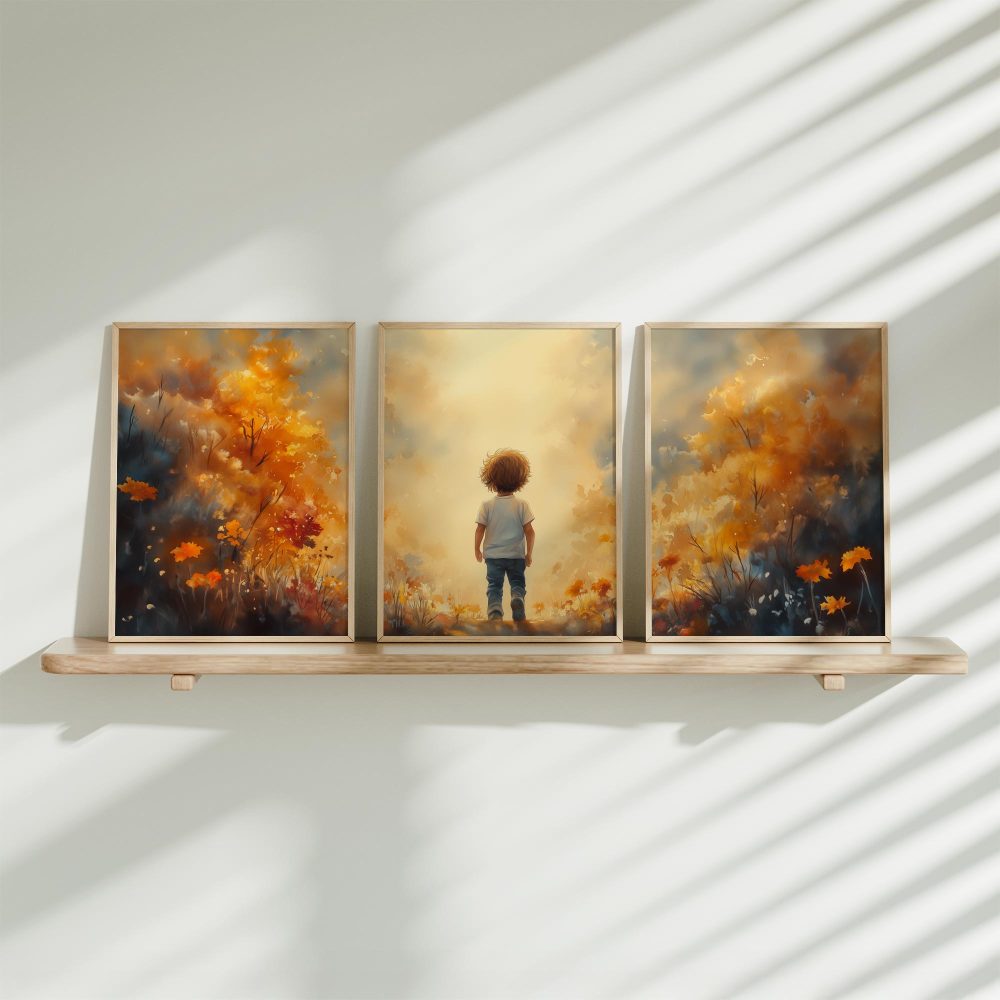 Dromerig Jongetje in Zee van Oranje Bloemen