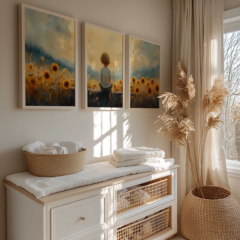 Alternative view of Jongen in Zonnebloemenveld – Dromerig Pastel Landschap