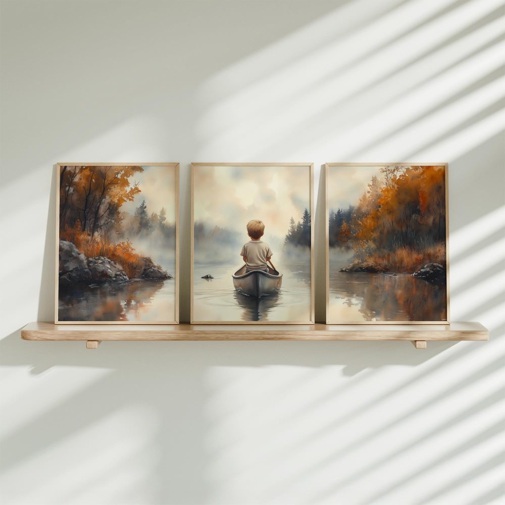 Jongen in kano - warme herfstsfeer aan de rivier