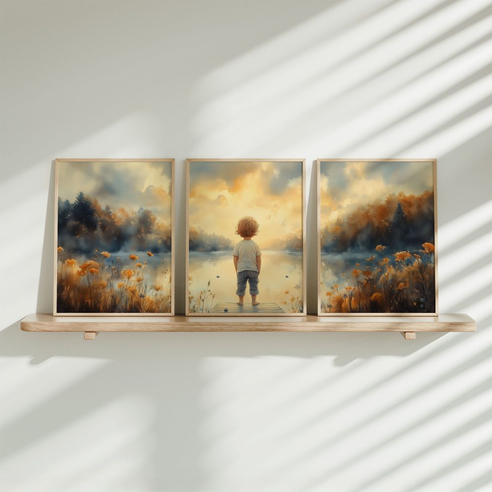 Dromerige jongen aan de waterkant – warme landschapssfeer