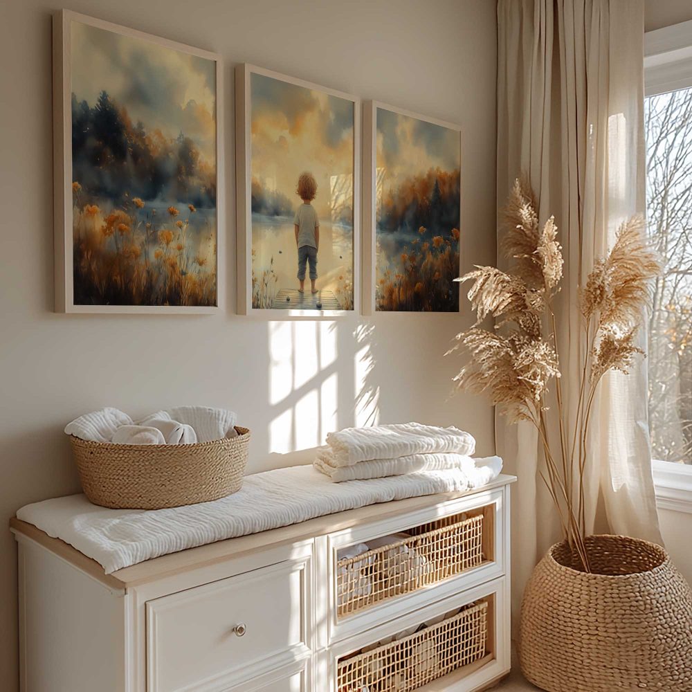 Alternative view of Dromerige jongen aan de waterkant – warme landschapssfeer