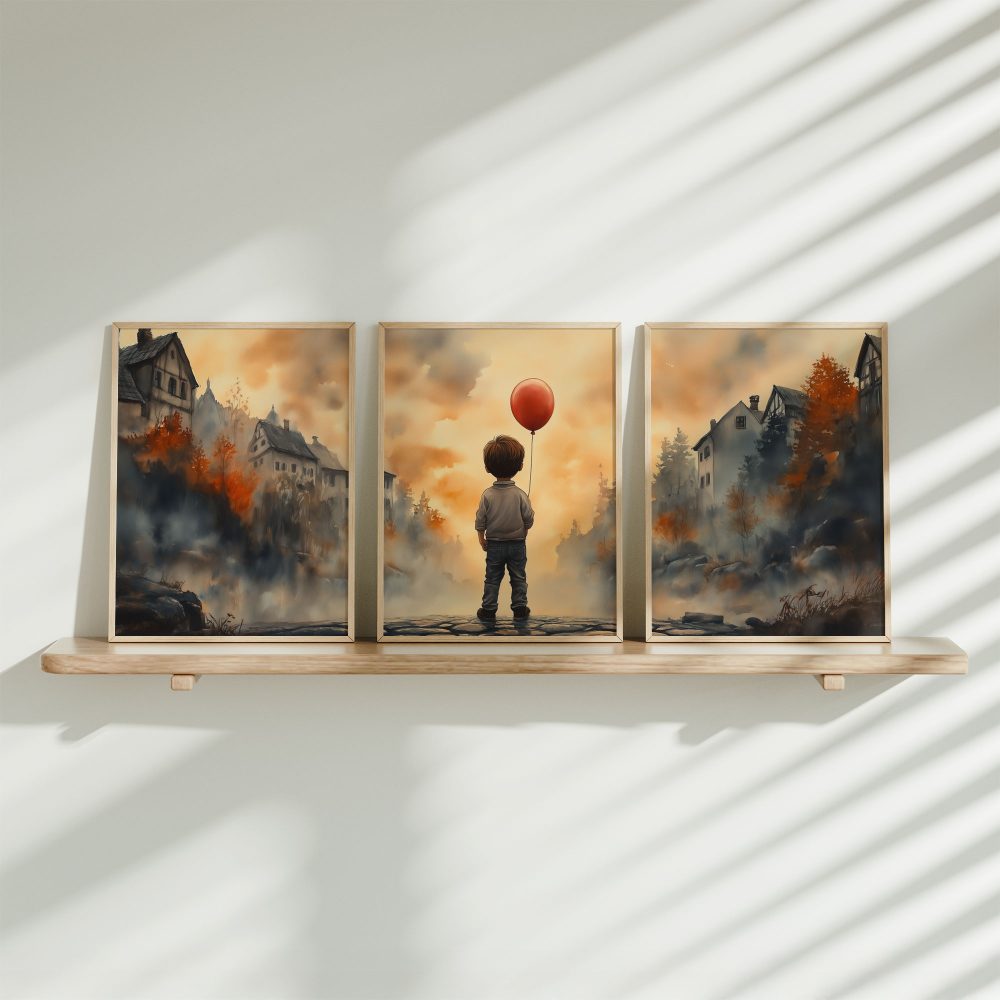 Jongen met rode ballon in warm dorpstafereel