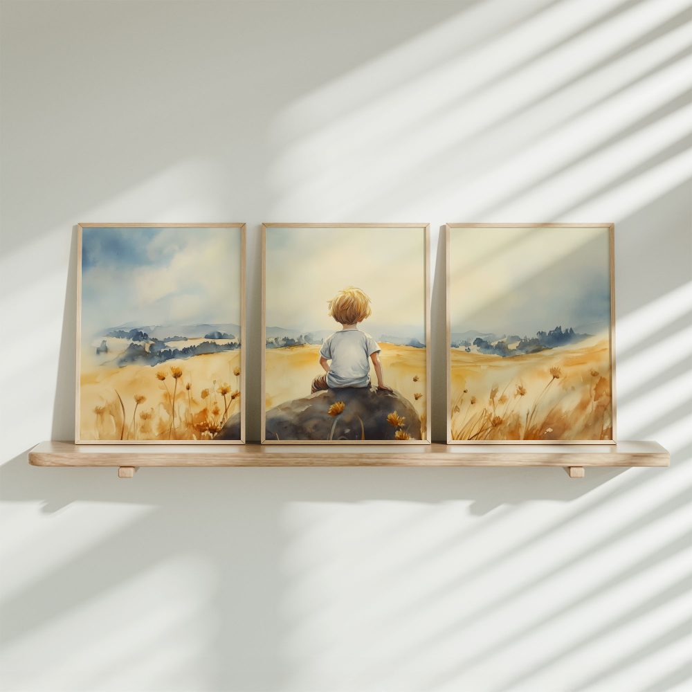 Zonnig jongetje in bloemenveld – Dromerig waterverfschilderij