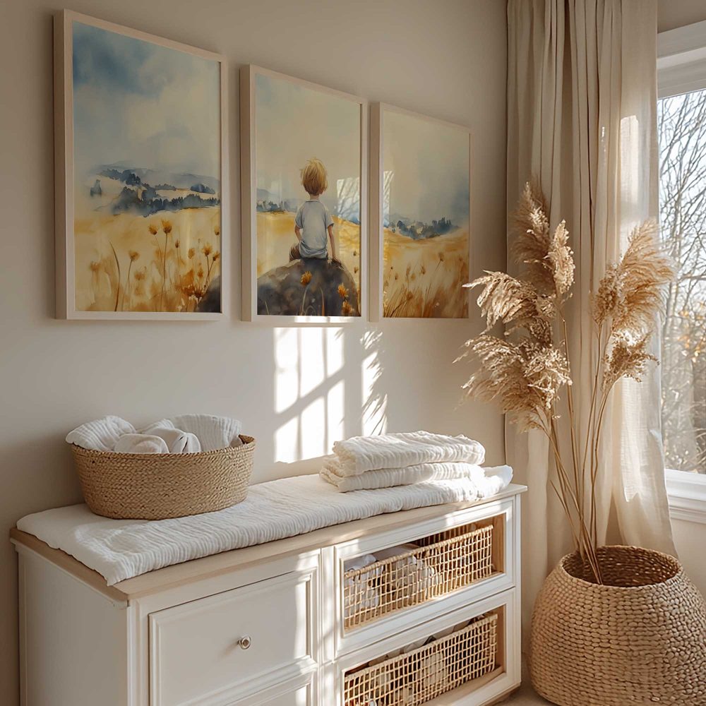 Alternative view of Zonnig jongetje in bloemenveld – Dromerig waterverfschilderij