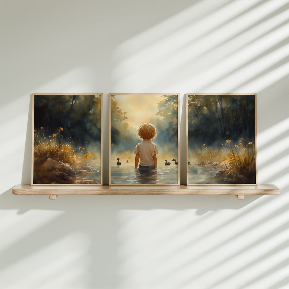 Jongen tussen eenden in vredige rivierscène