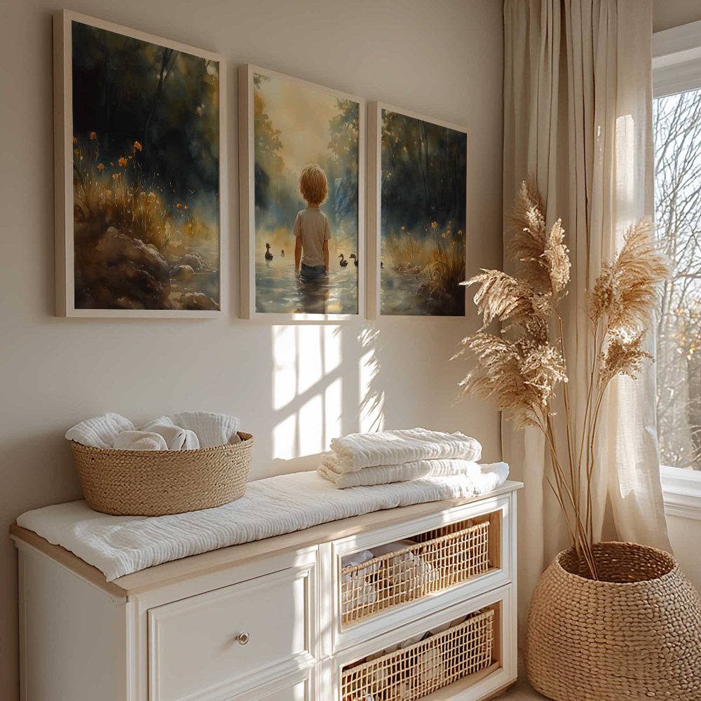 Alternative view of Jongen tussen eenden in vredige rivierscène