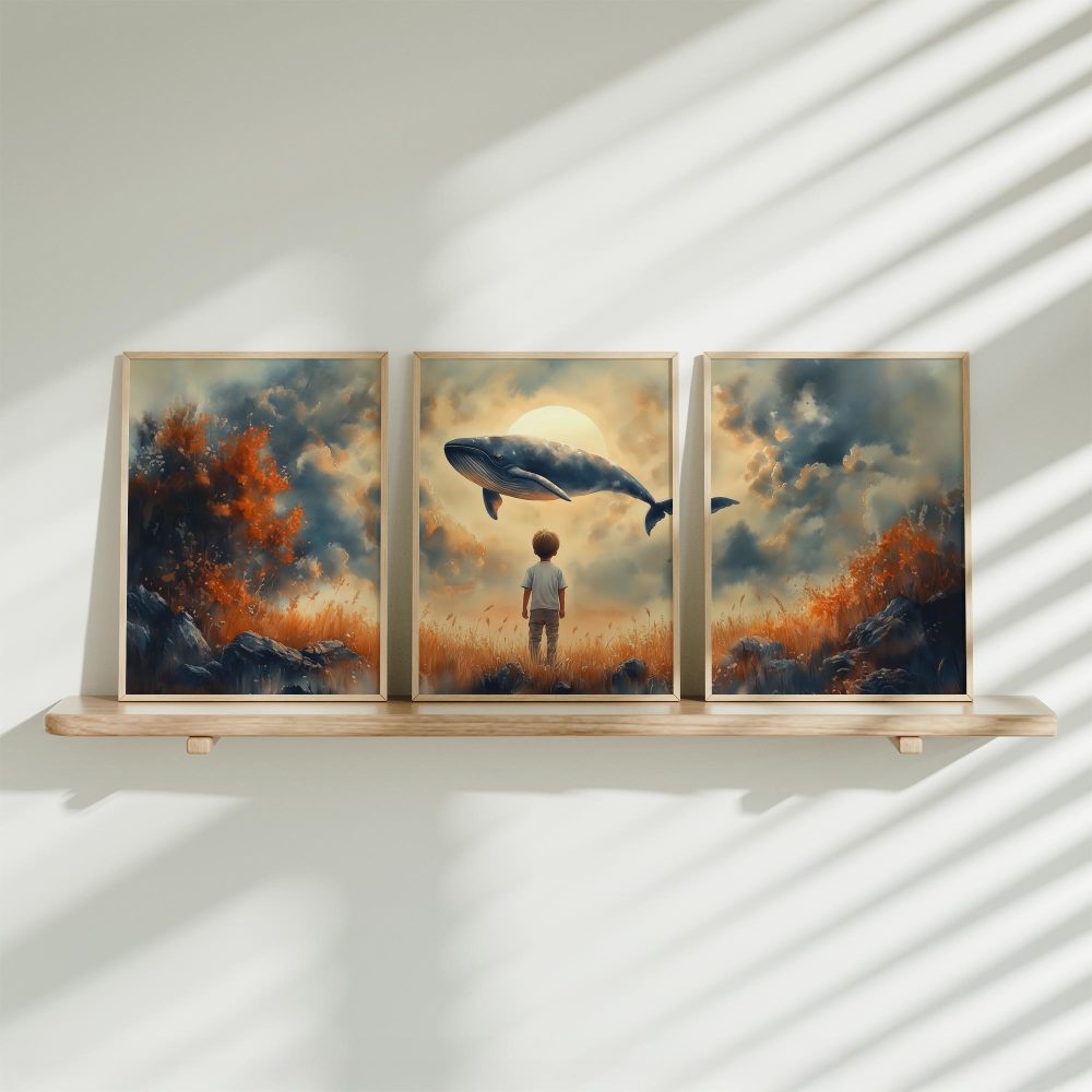 Dromerige Walvisvlucht boven Verwonderde Jongen