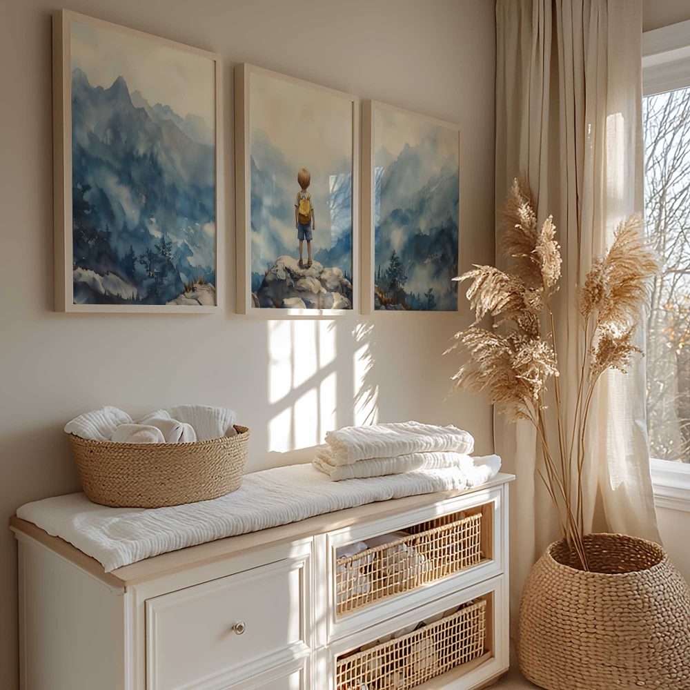 Alternative view of Jongen op rots – Dromerig berglandschap voor kinderkamer