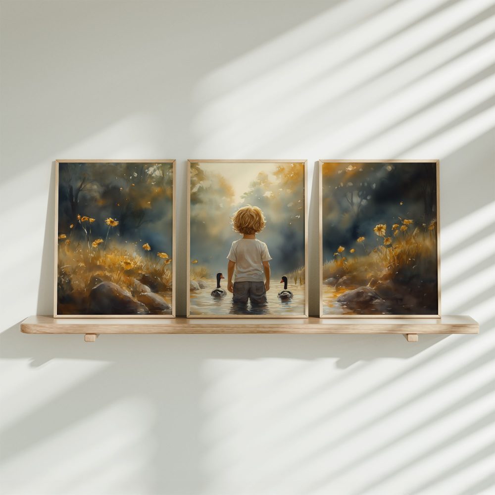 Speels Jongetje met Eenden in Kleurrijk Waterlandschap