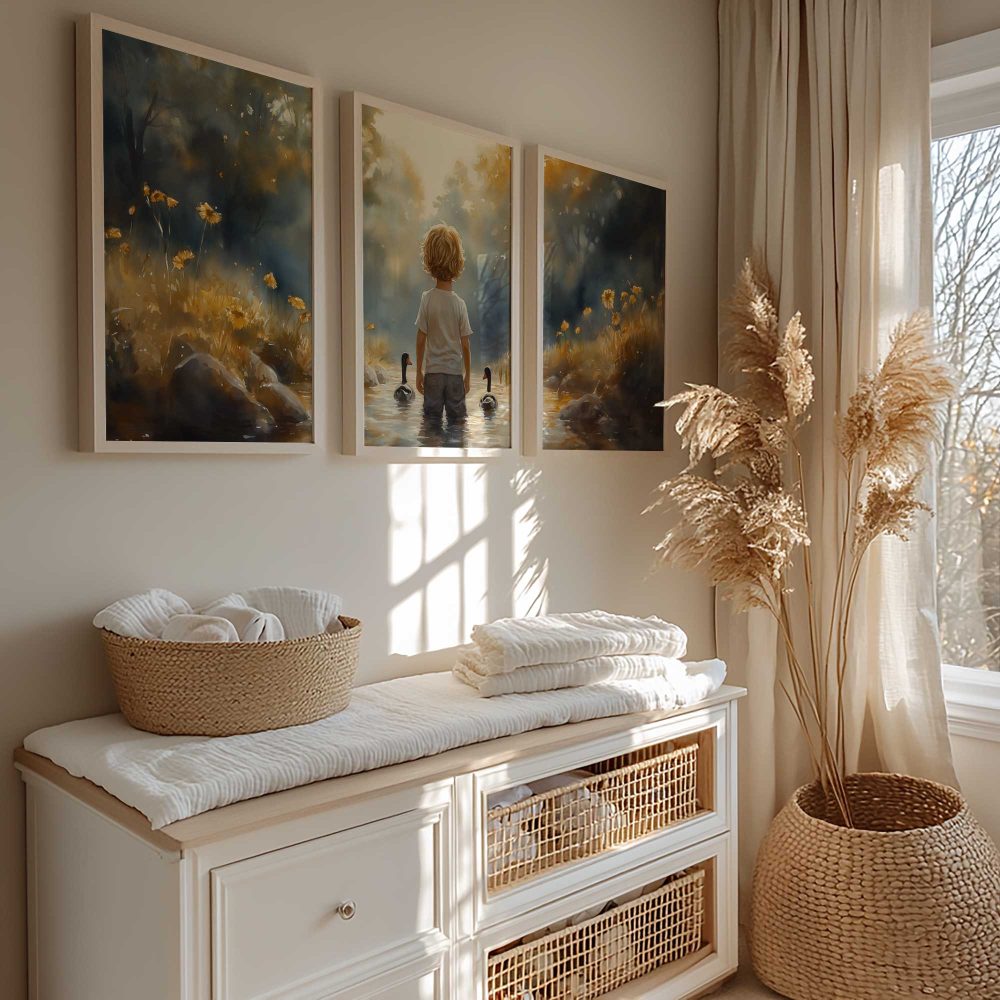 Alternative view of Speels Jongetje met Eenden in Kleurrijk Waterlandschap