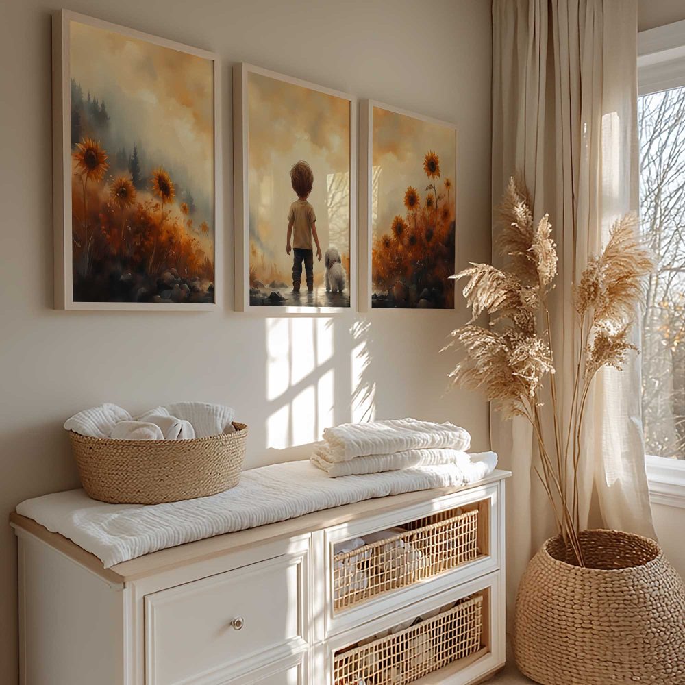 Alternative view of Zonnige Zonnebloemen met Jongen en Hond