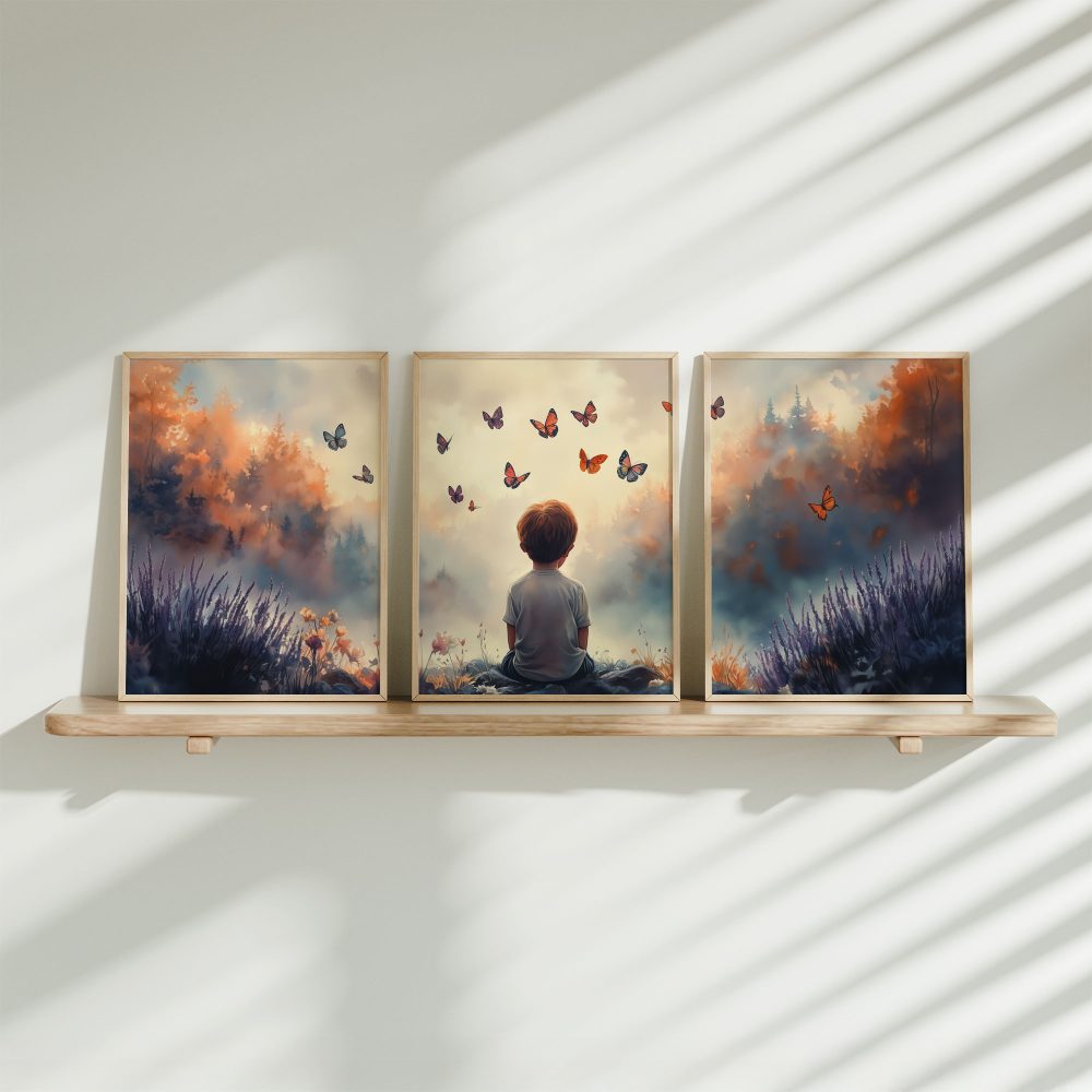 Jongen tussen bloemen en vlinders – Dromerig landschap