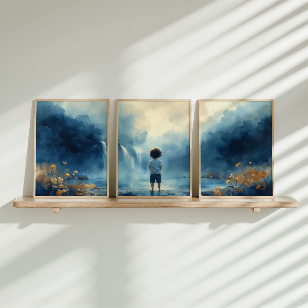 Jongen bij de Waterval: Dromerig Blauw-Groen Landschap