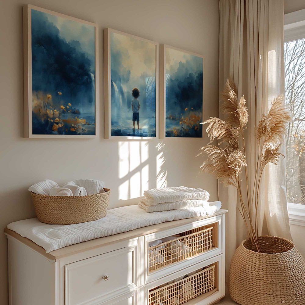 Alternative view of Jongen bij de Waterval: Dromerig Blauw-Groen Landschap