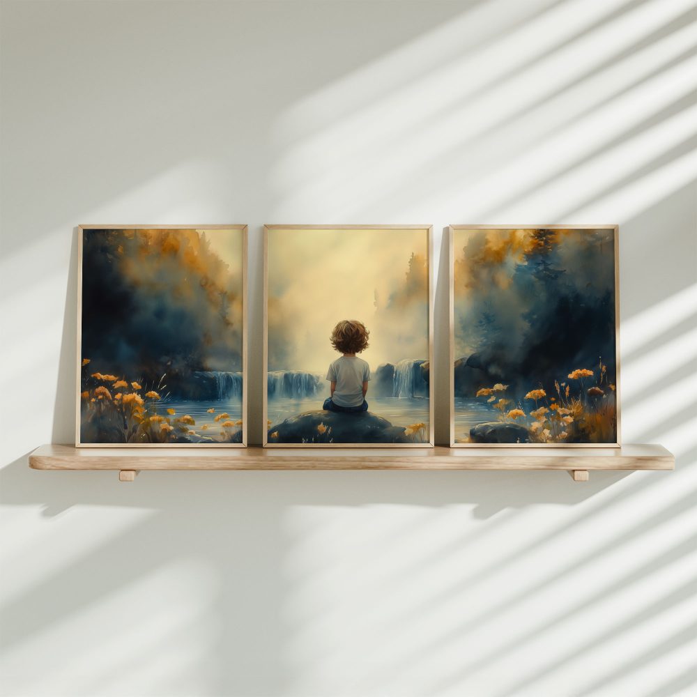 Jongen bij waterval: dromerig tafereel in warme tinten