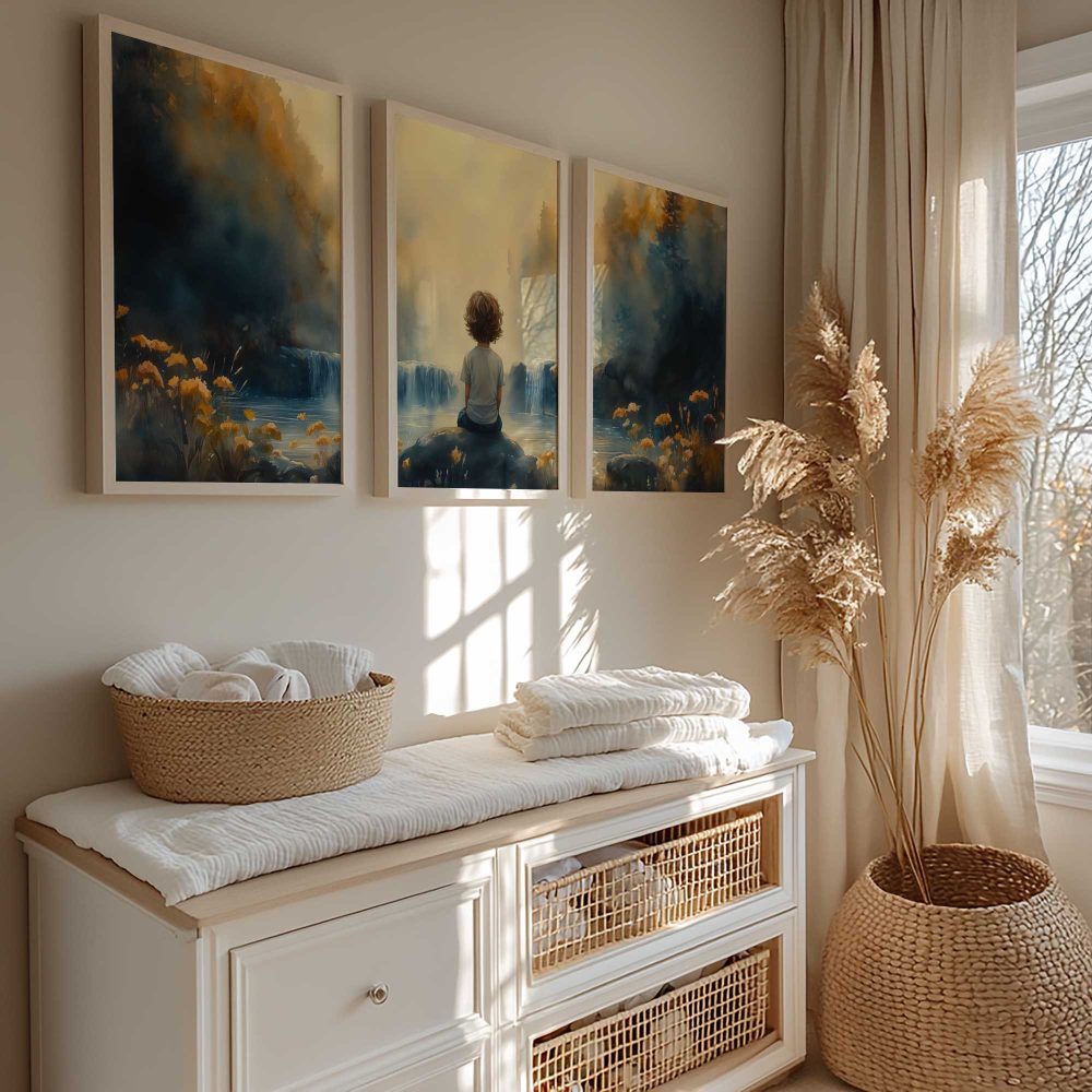 Alternative view of Jongen bij waterval: dromerig tafereel in warme tinten