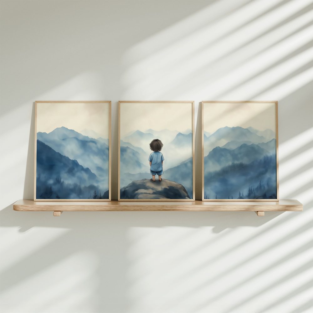 Dromerige jongen op rots met berguitzicht