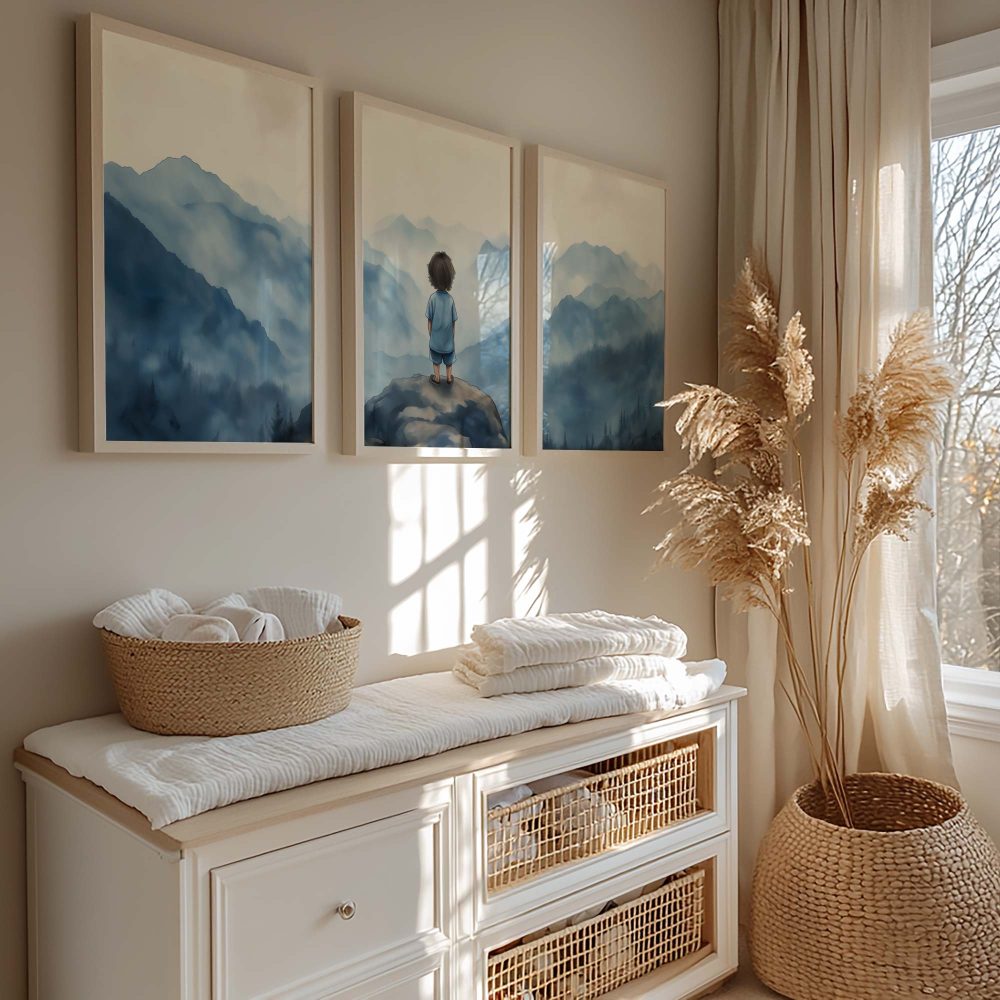 Alternative view of Dromerige jongen op rots met berguitzicht