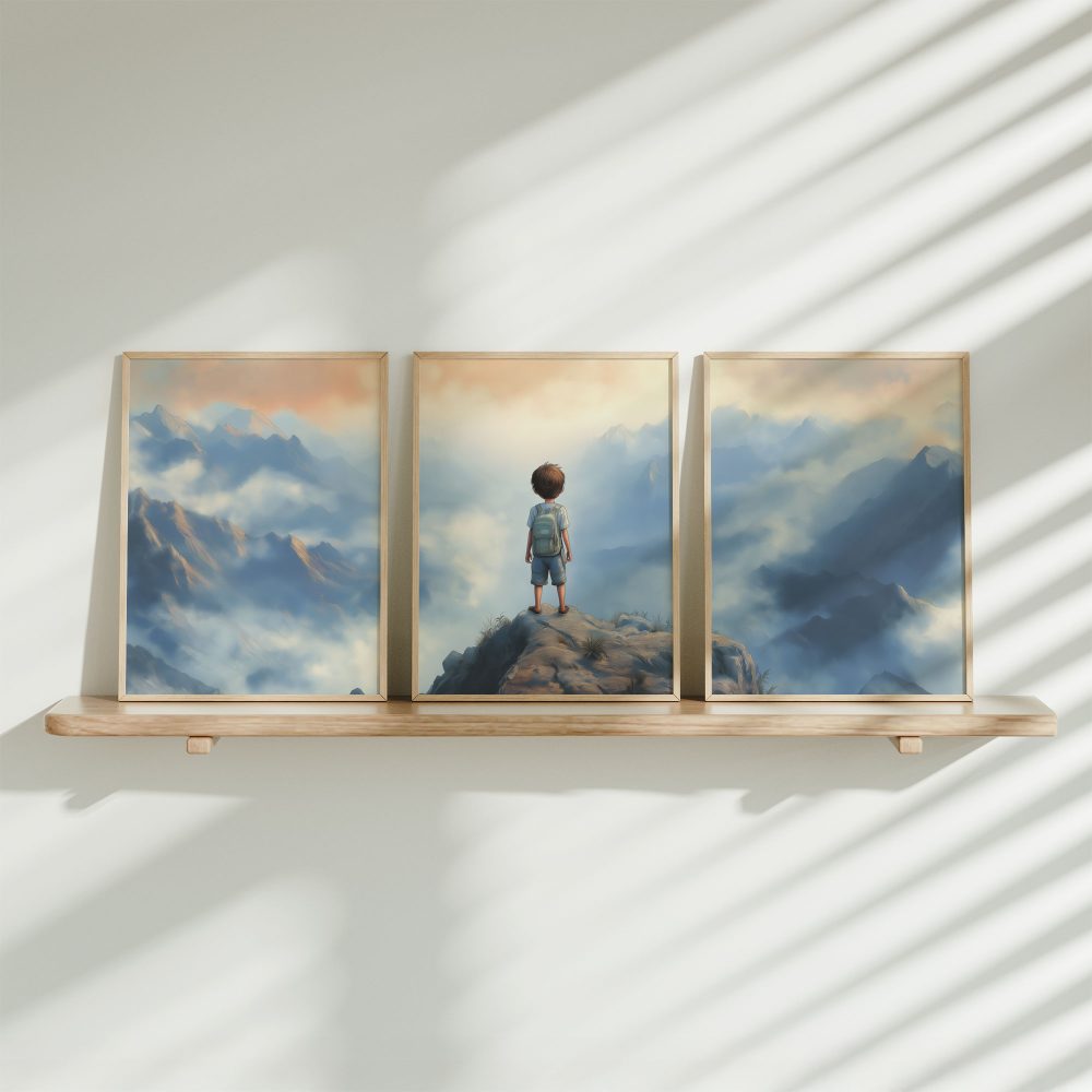 Avontuurlijke jongen op mystieke bergtop