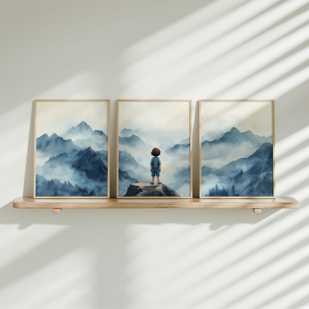 Dromerige Bergverkenner – Serene Illustratie voor Jongens