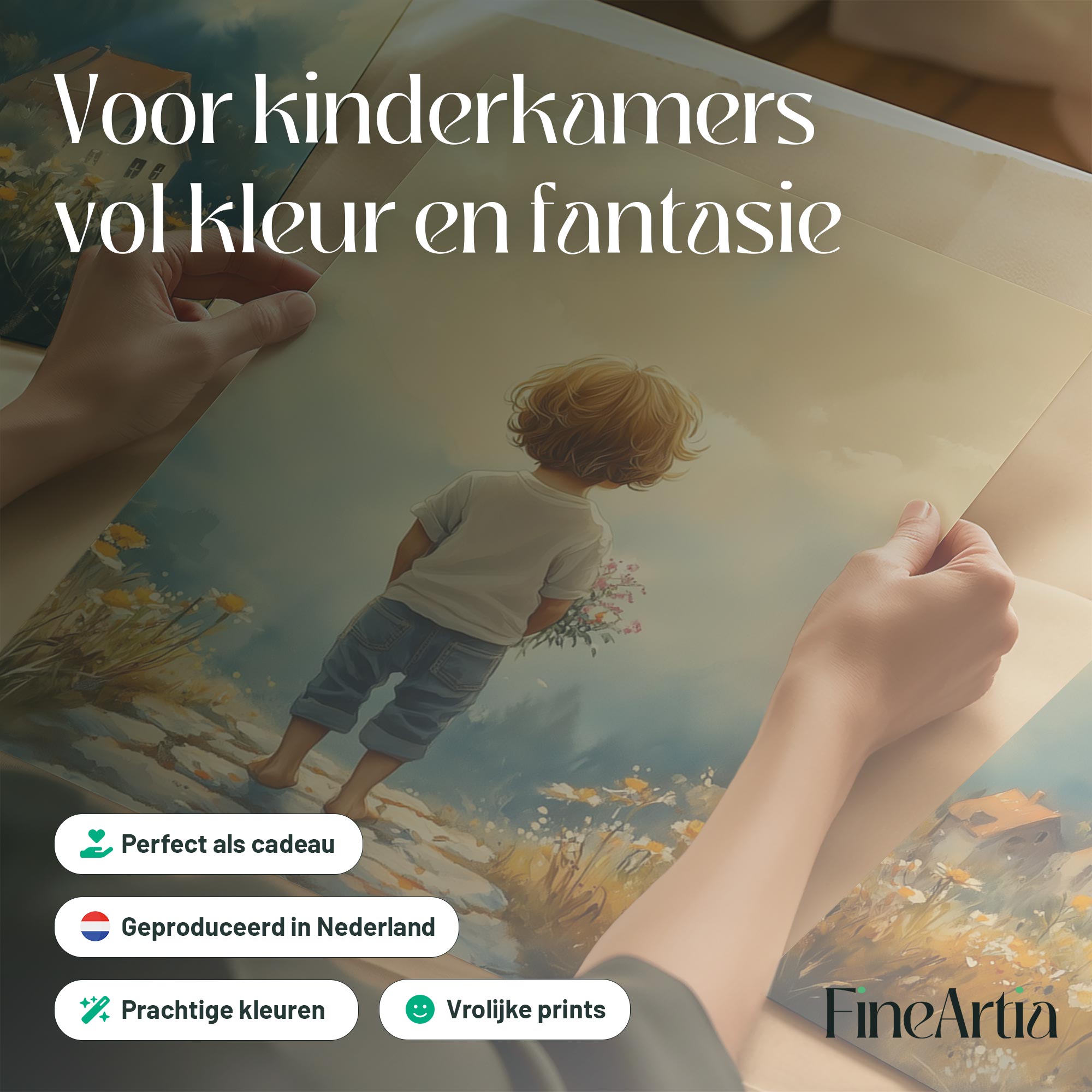 Jongen met bloemen in dromerig landschap - Afbeelding 5