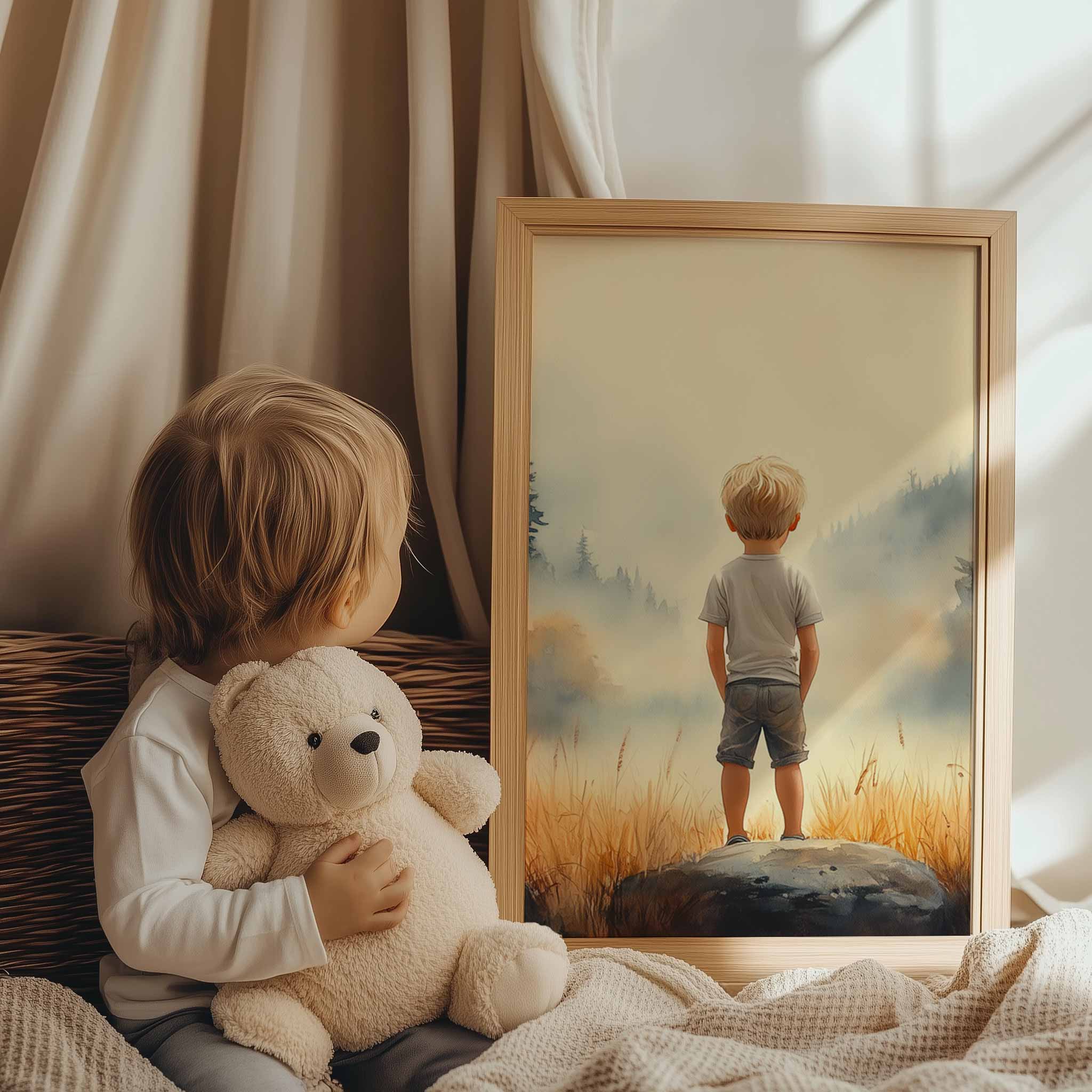 Jongen op de rots: Serene verwondering in het bos - Afbeelding 7